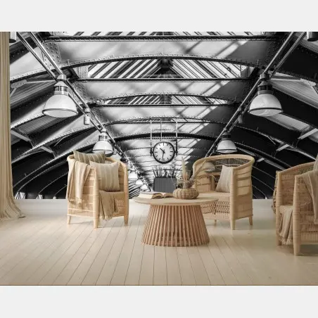 Papier peint horloge centrale d'une gare en noir et blanc – Wallnifity®