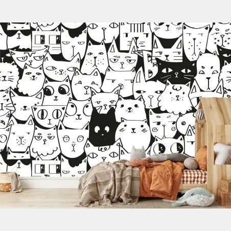 Papier peint motif chats noir et blanc portraits de félins stylisés – Wallnifity®