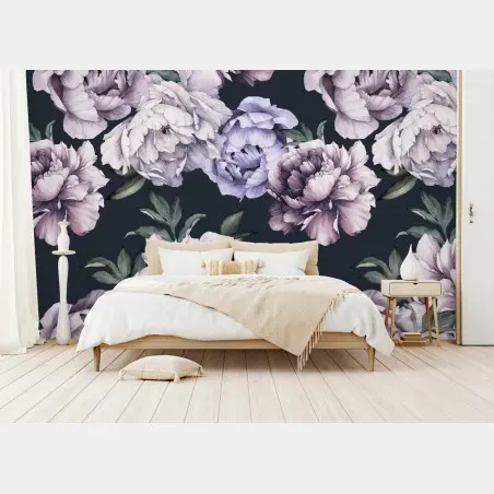 Papier peint motif de pivoines aquarelle sur fond sombre – Wallnifity®