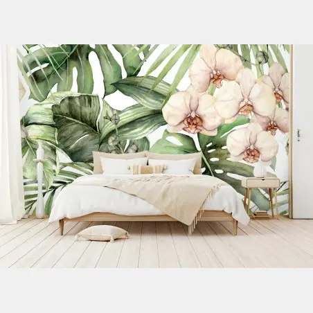 Papier peint orchidées et feuilles tropicales en aquarelle – Wallnifity®