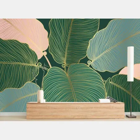 Papier peint motif botanique doré sur fond vert émeraude – Wallnifity®