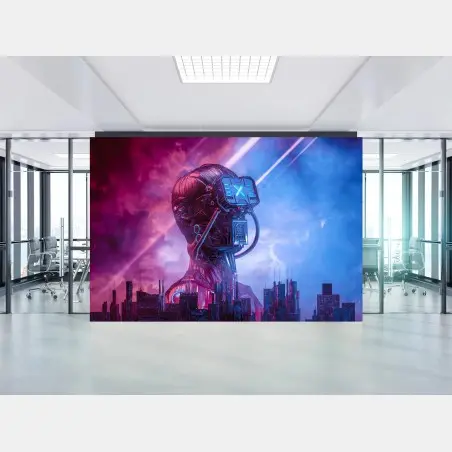 Papier peint portrait cybernétique néon sur fond de ville futuriste – Wallnifity®