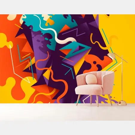 Papier peint composition géométrique abstraite aux couleurs vives et contrastées – Wallnifity®