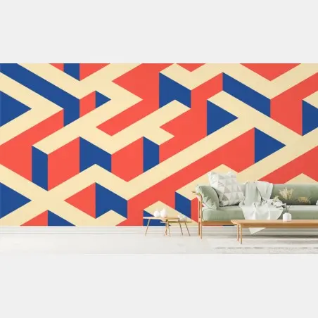 Papier peint labyrinthe isométrique corail et bleu – Wallnifity®