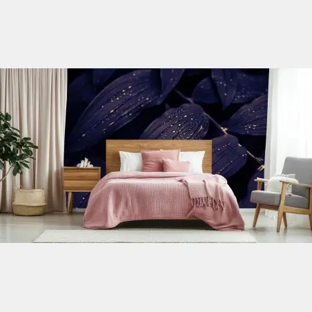 Papier peint feuillage nocturne aux gouttes d'eau – Wallnifity®