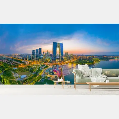 Papier peint panorama urbain moderne au coucher de soleil – Wallnifity®