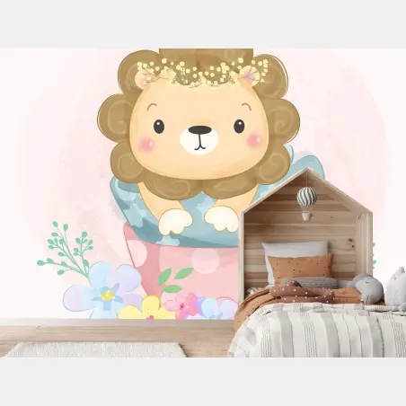 Papier peint lionceau dans une tasse fleurie – Wallnifity®