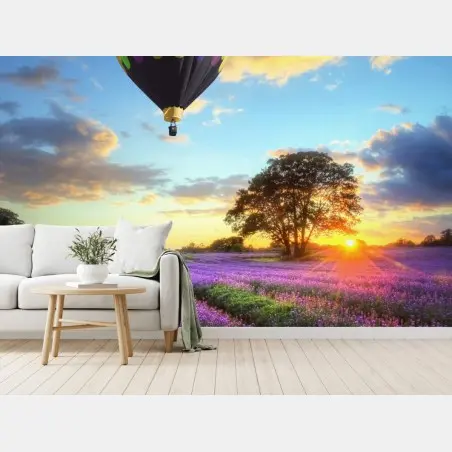 Papier peint coucher de soleil sur champs de lavande et montgolfières – Wallnifity®