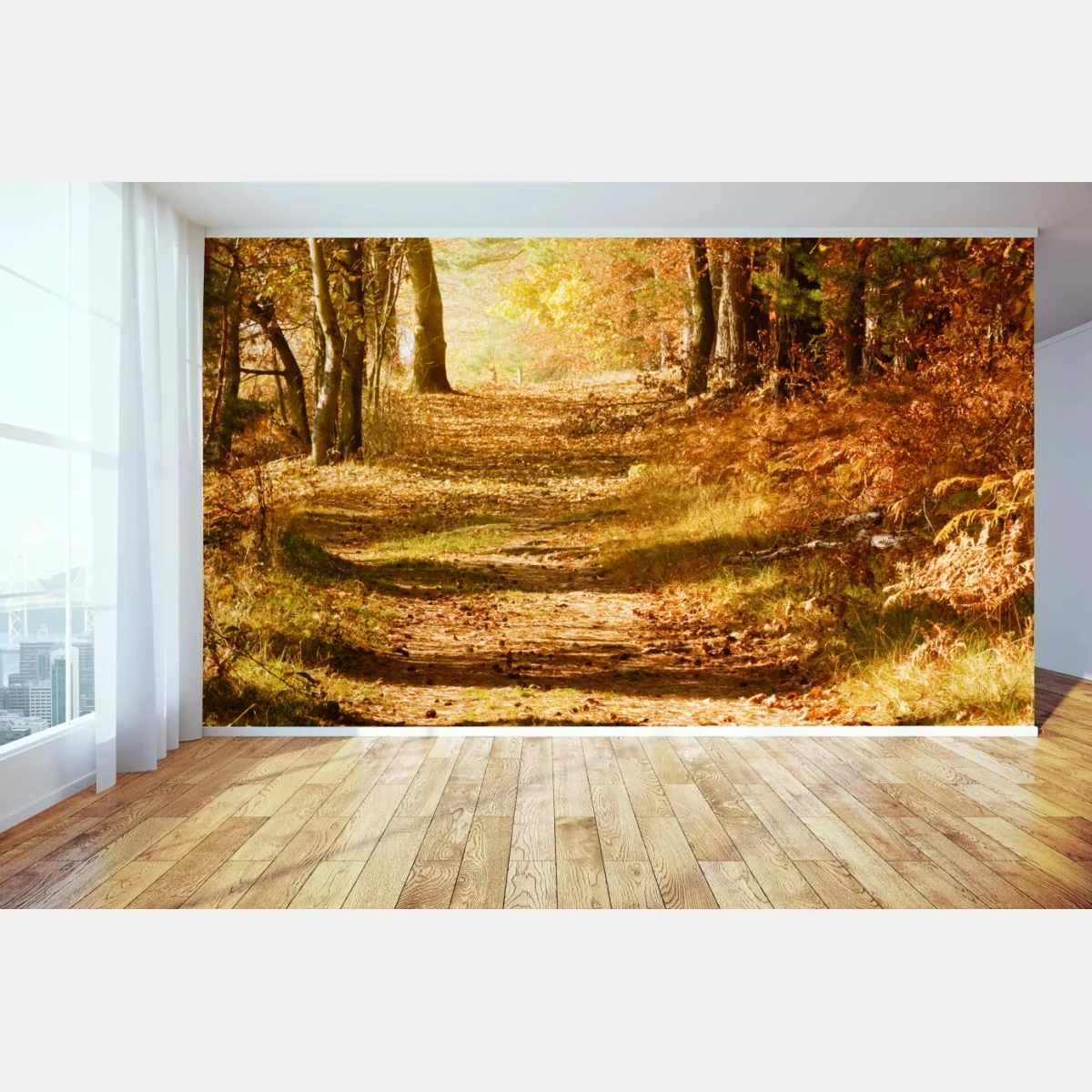 Papier peint chemin doré en forêt automnale – Wallnifity® Papier peint chemin doré en forêt automnale – Wallnifity®