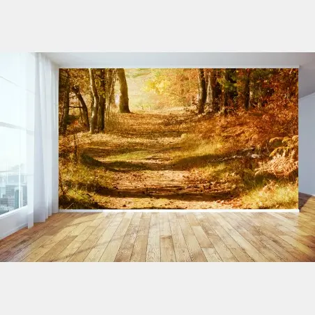Papier peint chemin doré en forêt automnale – Wallnifity®