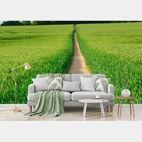 Papier peint chemin vers l'horizon dans un champ verdoyant – Wallnifity®