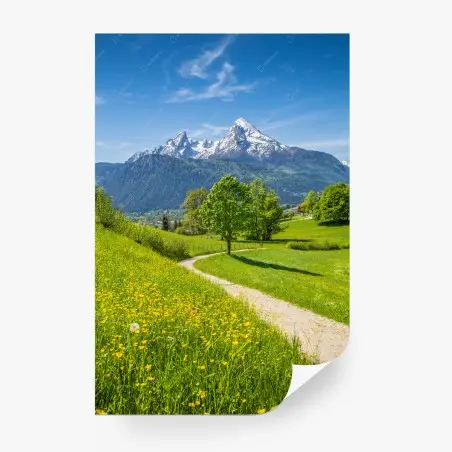 Papier peint chemin pittoresque vers les montagnes enneigées – Wallnifity®
