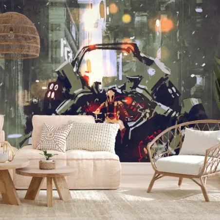 Papier peint robot de combat futuriste en patrouille urbaine – Wallnifity®