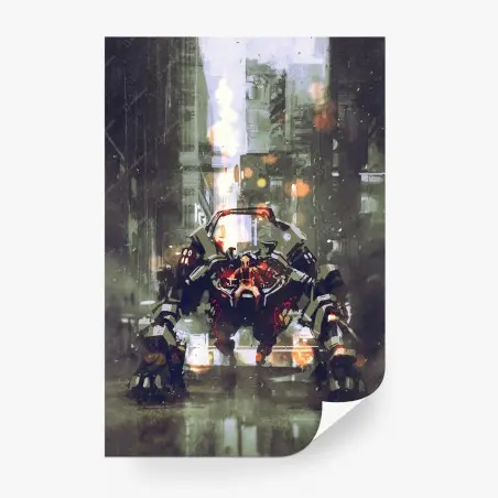 Papier peint robot de combat futuriste en patrouille urbaine – Wallnifity®