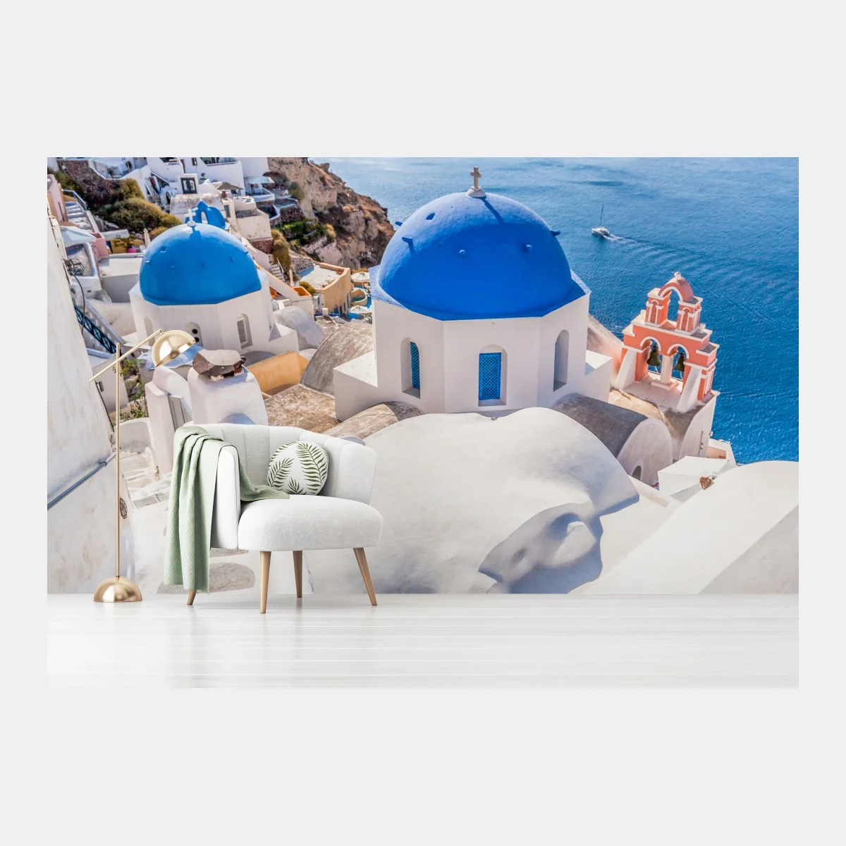 Papier peint paysage côtier de Santorin aux dômes bleus – Wallnifity® Papier peint paysage côtier de Santorin aux dômes bleus – Wallnifity®