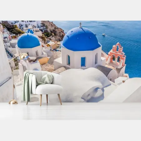 Papier peint paysage côtier de Santorin aux dômes bleus – Wallnifity®
