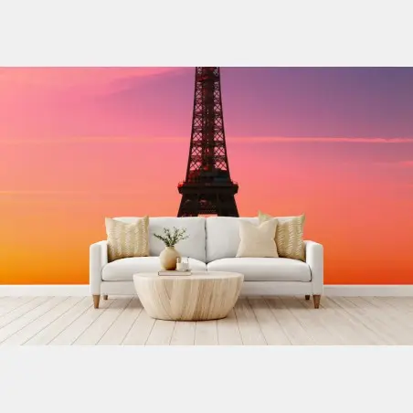 Papier peint Tour Eiffel au lever du soleil ciel rose et orangé – Wallnifity®
