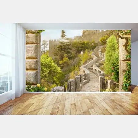 Papier peint chemin pavé fleuri vers un château – Wallnifity®