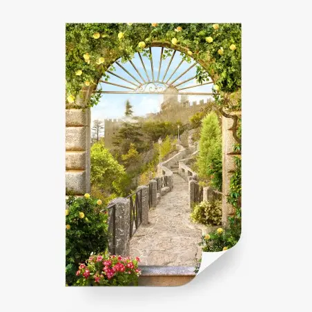 Papier peint chemin pavé fleuri vers un château – Wallnifity®