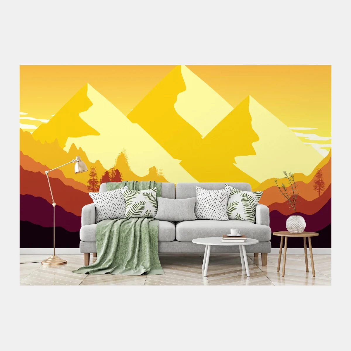 Papier peint crépuscule doré sur les montagnes stylisées – Wallnifity® Papier peint crépuscule doré sur les montagnes stylisées – Wallnifity®