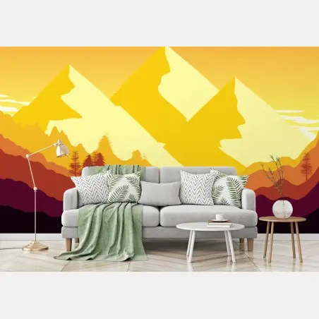 Papier peint crépuscule doré sur les montagnes stylisées – Wallnifity®