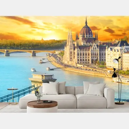 Papier peint coucher de soleil sur le parlement de Budapest – Wallnifity®