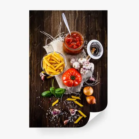 Papier peint composition culinaire rustique aux tomates et pâtes – Wallnifity®