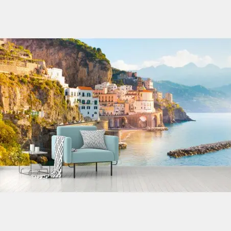 Papier peint village côtier perché sur falaise au bord de la mer – Wallnifity®