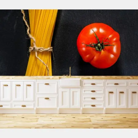 Papier peint composition de spaghetti et tomate sur fond noir – Wallnifity®