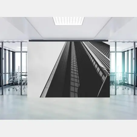 Papier peint perspective monumentale d'un gratte-ciel en noir et blanc – Wallnifity®