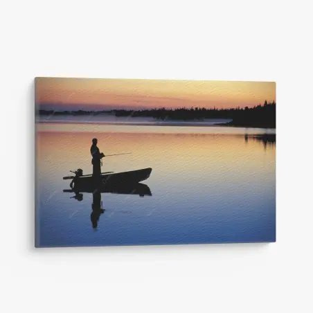 Tableau sur toile pêche au crépuscule sur lac tranquille – Wallnifity®