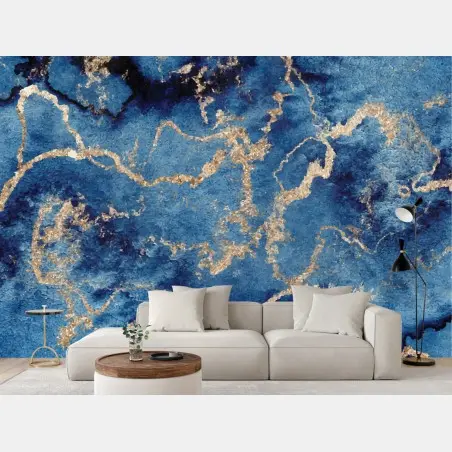 Papier peint marbre bleu veiné d'or – Wallnifity®