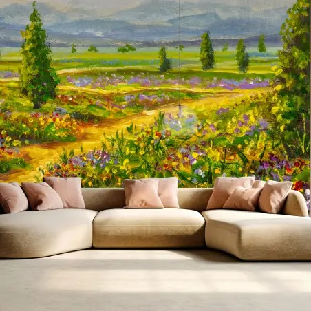 Papier peint chemin fleuri au cœur de la campagne – Wallnifity®