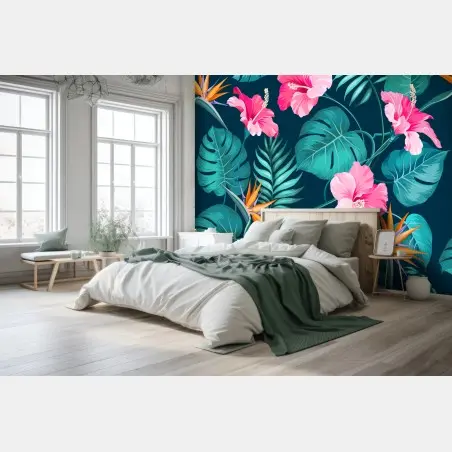 Papier peint motif tropical hibiscus monstera et oiseau de paradis – Wallnifity®