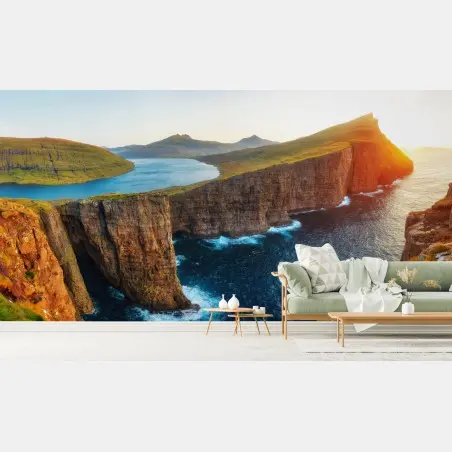 Papier peint paysage côtier spectaculaire de Sorvagsvatn aux Îles Féroé – Wallnifity®