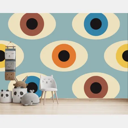 Papier peint motif yeux rétro aux couleurs ocre et bleu – Wallnifity®