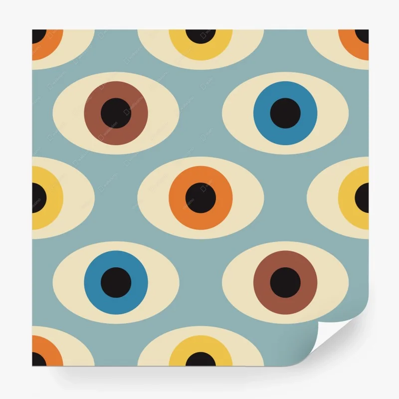 Papier peint motif yeux rétro aux couleurs ocre et bleu – Wallnifity® Papier peint motif yeux rétro aux couleurs ocre et bleu – Wallnifity®