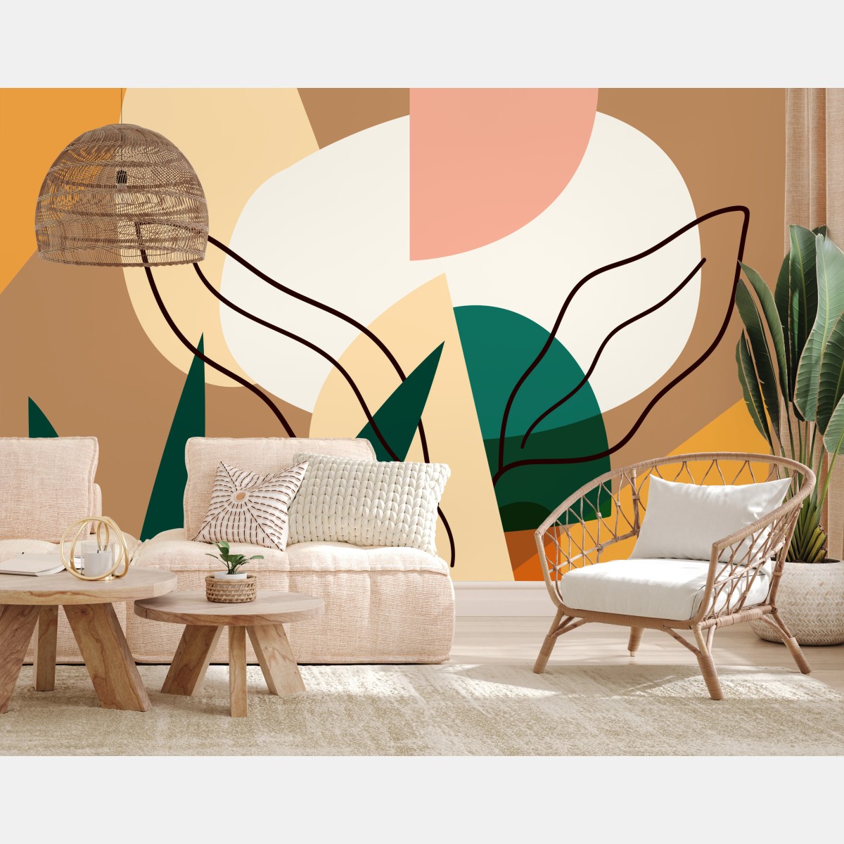 Papier peint composition botanique abstraite aux tons pastel – Wallnifity®