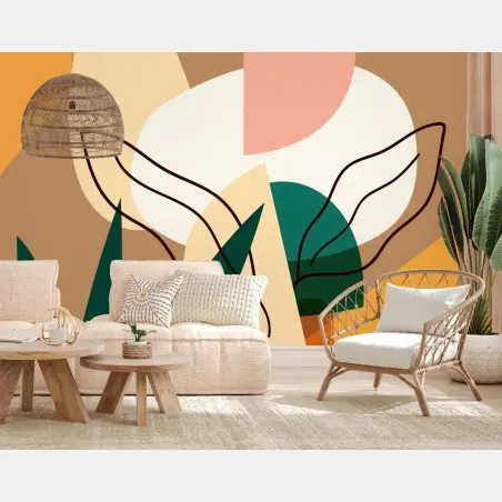 Papier peint composition botanique abstraite aux tons pastel – Wallnifity®