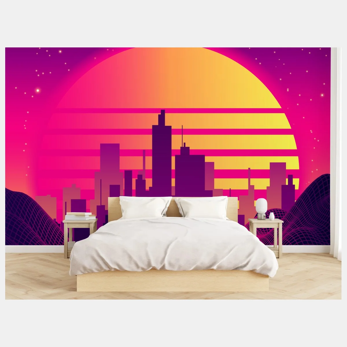 Papier peint crépuscule néon et skyline futuriste – Wallnifity® Papier peint crépuscule néon et skyline futuriste – Wallnifity®
