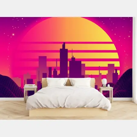 Papier peint crépuscule néon et skyline futuriste – Wallnifity®