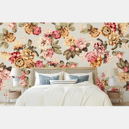 Papier peint motif floral vintage aux roses et pivoines – Wallnifity®