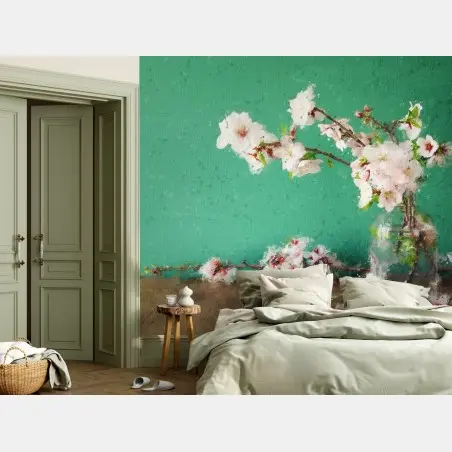 Papier peint bouquet de fleurs de cerisier sur fond vert – Wallnifity®