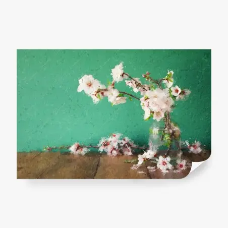 Papier peint bouquet de fleurs de cerisier sur fond vert – Wallnifity®
