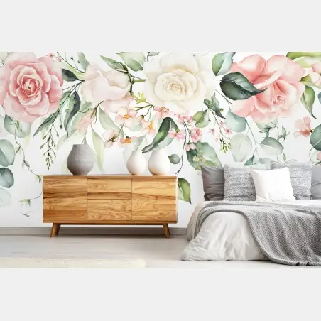 Papier peint guirlande florale aquarelle aux tons pastel – Wallnifity®