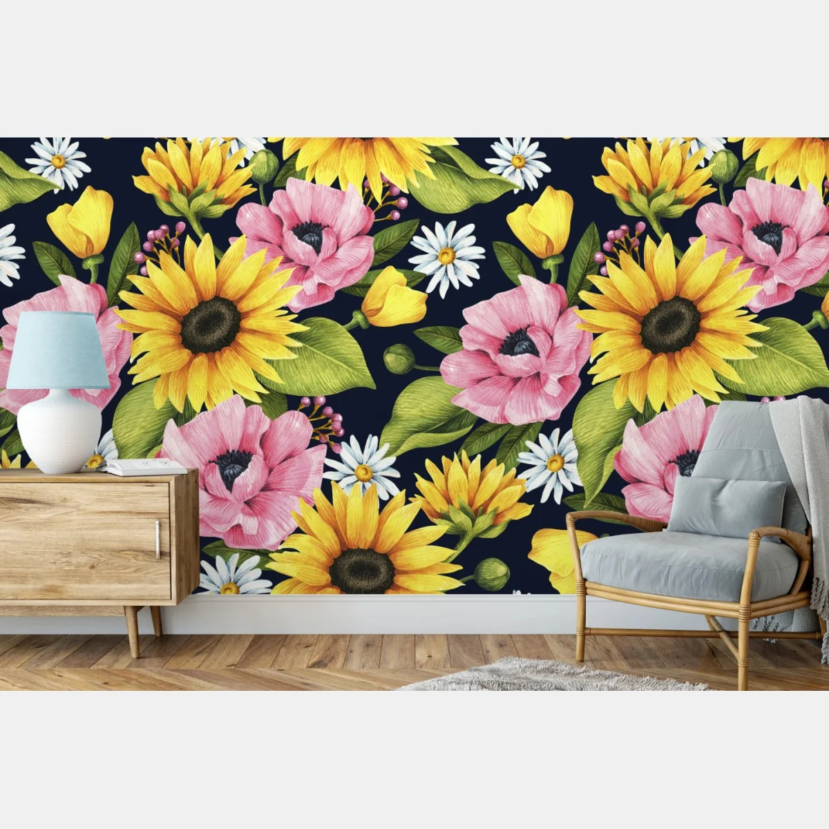 Papier peint motif floral lumineux de tournesols et anémones sur fond bleu marine – Wallnifity® Papier peint motif floral lumineux de tournesols et anémones sur fond bleu marine – Wallnifity®