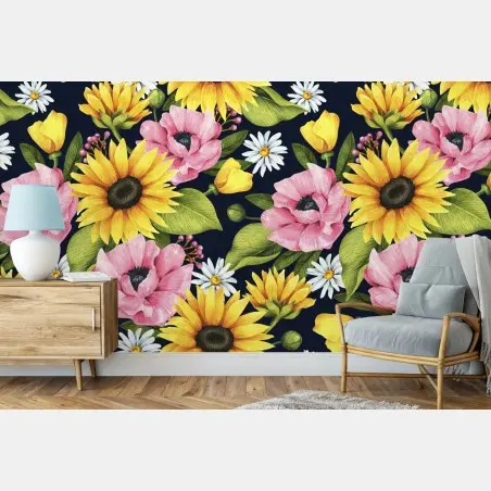Papier peint motif floral lumineux de tournesols et anémones sur fond bleu marine – Wallnifity®