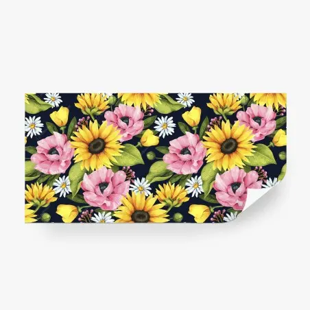 Papier peint motif floral lumineux de tournesols et anémones sur fond bleu marine – Wallnifity®