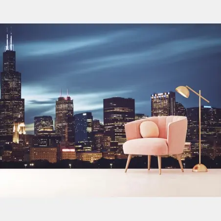 Papier peint panorama nocturne de Chicago – Wallnifity®