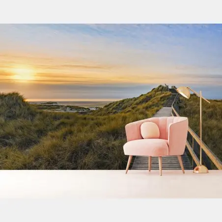 Papier peint chemin en bois vers la plage d'Amrum au coucher de soleil – Wallnifity®